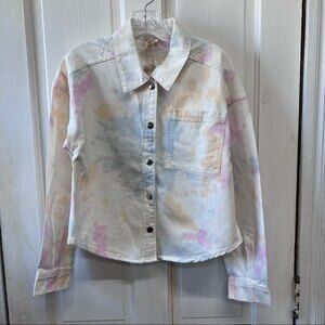Hem & Thread tie dye white jean jacket with silver snaps women's small nwt